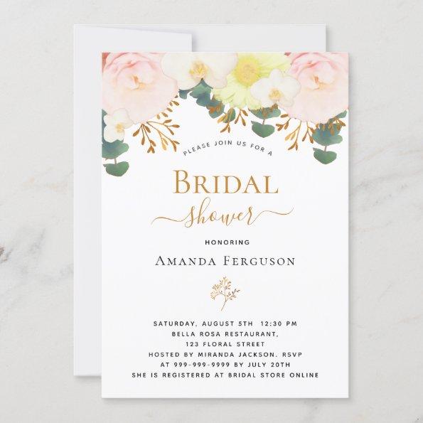 Blush pink white floral yellow bridal shower Invitations