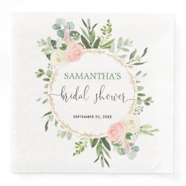 Blush pink white greenery gold floral elegant paper dinner napkins