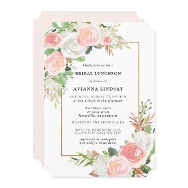 Blush Pink White Rose Floral Bridal Luncheon Invitations