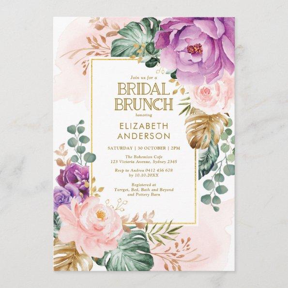 Blush Purple Roses Tropical Greenery Bridal Brunch Invitations
