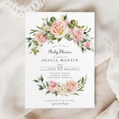 Blush Rose Floral Arch Pink Baby Shower Invitations