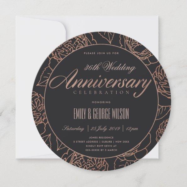 BLUSH ROSE GOLD BLACK FLORAL ANY YEAR ANNIVERSARY Invitations