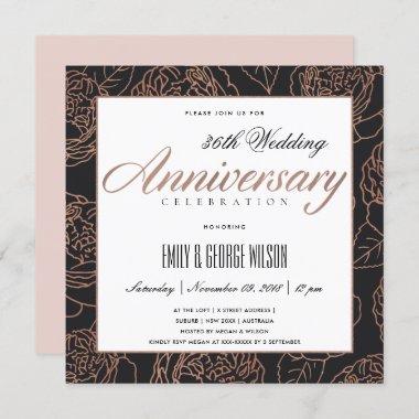 BLUSH ROSE GOLD FLORAL BLACK ANY YEAR ANNIVERSARY Invitations