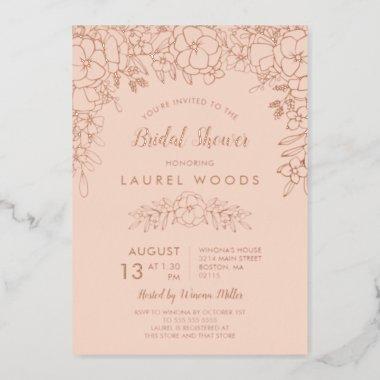 Blush & Rose Gold Floral Line Art Bridal Shower Foil Invitations