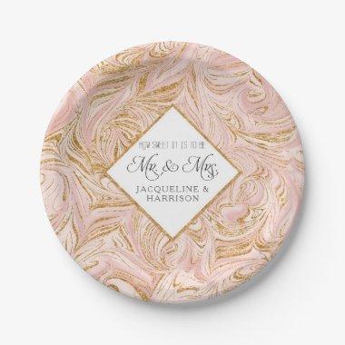 Blush Rose Gold Glitter Marble Wedding Reception Paper Plates
