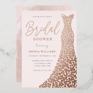 Blush & Rose Gold Gown Bridal Shower Foil Invitations