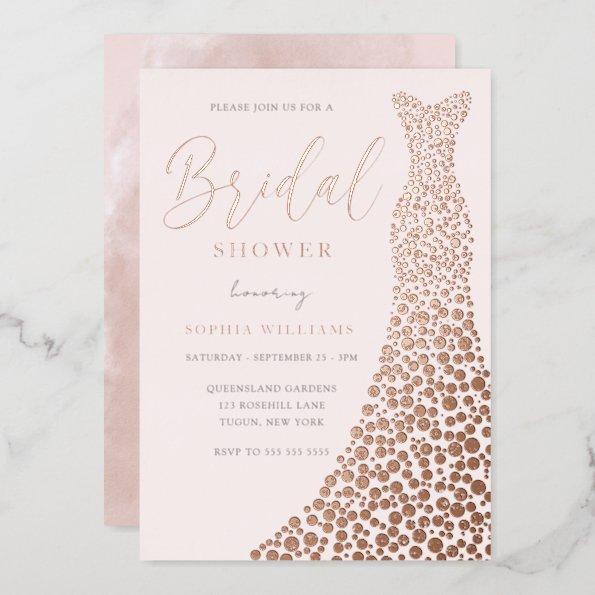 Blush & Rose Gold Gown Bridal Shower Foil Invitations