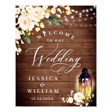 Blush Roses Lantern Rustic Wood Welcome Wedding Poster