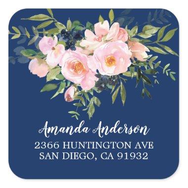 Blush Roses & Peonies Floral Return Address Square Sticker