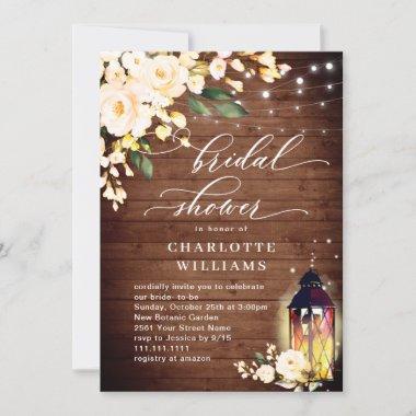 Blush Roses Rustic Wood Lantern Bridal Shower Invitations