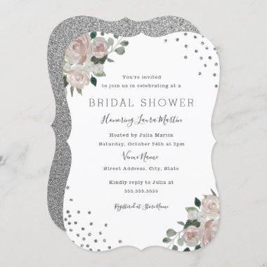 Blush Silver Floral Confetti Bridal Shower Invitations
