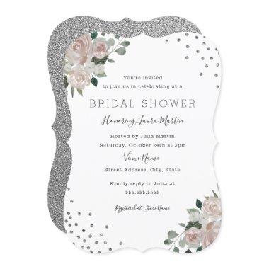 Blush Silver Floral Confetti Bridal Shower Invitations