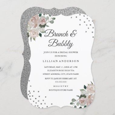 Blush Silver Floral Confetti Brunch and Bubbly Invitations