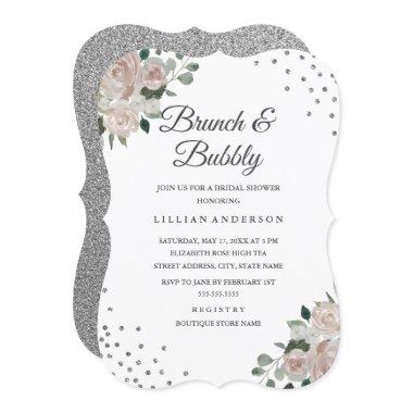 Blush Silver Floral Confetti Brunch and Bubbly Invitations