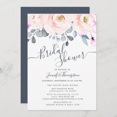 Blush & Smoky Navy Watercolor Floral Bridal Shower Invitations