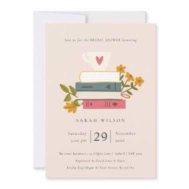 Blush Stacked Books Floral Bridal Shower Invite