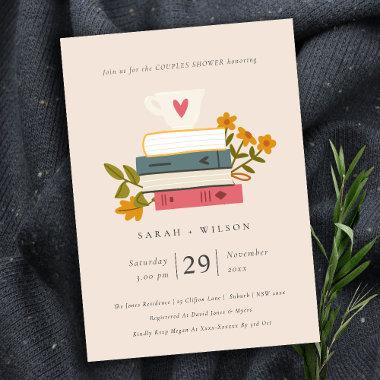 Blush Stacked Books Floral Couples Shower Invite