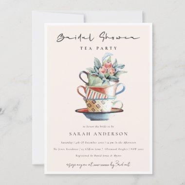 Blush Stacked Cups Bridal Shower Tea Party Invite