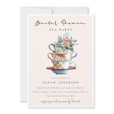 Blush Stacked Cups Bridal Shower Tea Party Invite