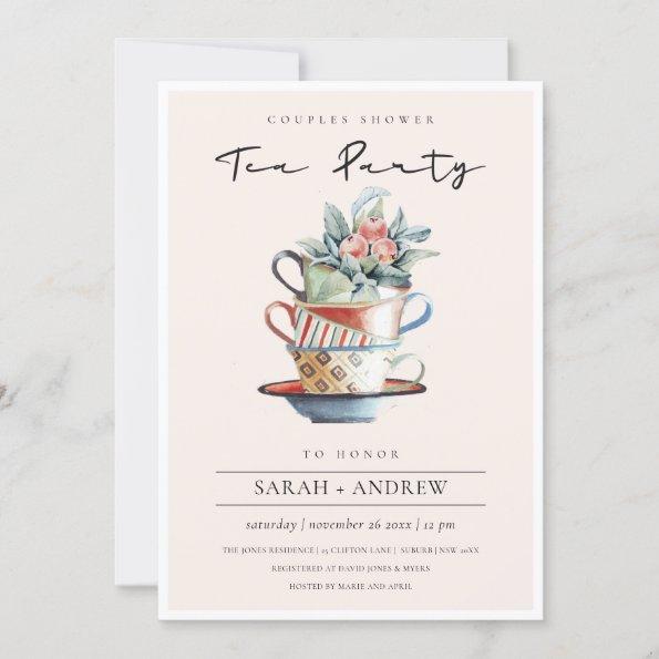 Blush Stacked Cups Couples Shower Tea Party Invite