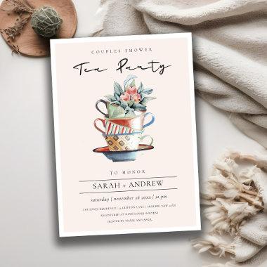 Blush Stacked Cups Couples Shower Tea Party Invite