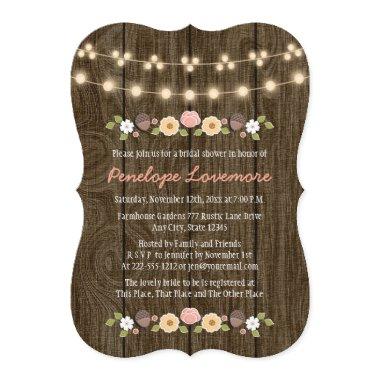 Blush String of Lights Fall Rustic Bridal Shower Invitations