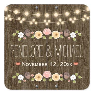 Blush String of Lights Rustic Fall Acorn Wedding Square Sticker