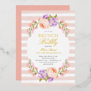 Blush Stripe and Bloom Bridal Brunch and Bubbly Foil Invitations