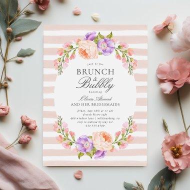Blush Stripe and Bloom Bridal Brunch and Bubbly Invitations