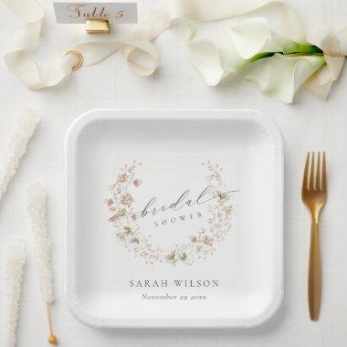 Blush White Meadow Floral Wreath Bridal Shower Paper Plates