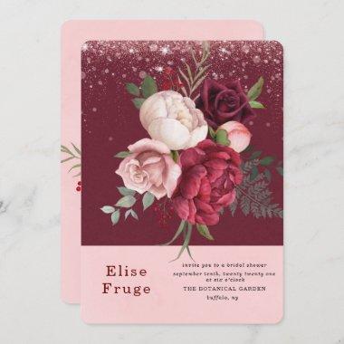 Blush Wine Rose Gold Peony Unique Bridal Shower Invitations