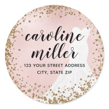 Blushing Glitter Bride Dress Bridal Shower Address Classic Round Sticker