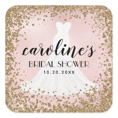 Blushing Glitter Bride Dress Bridal Shower Favor Square Sticker