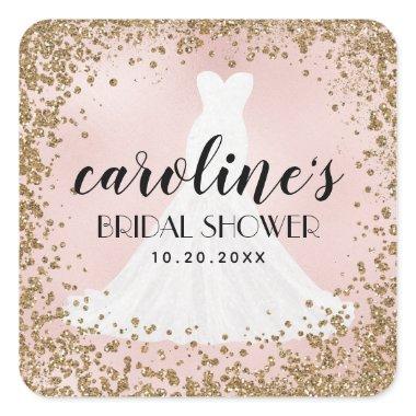 Blushing Glitter Bride Dress Bridal Shower Favor Square Sticker