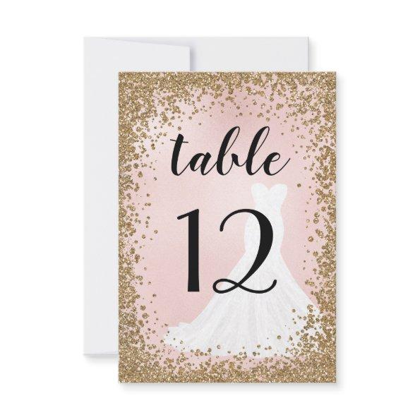 Blushing Glitter Bride Dress Table Number Card