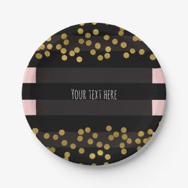 Blushing Pink & Black Stripes Gold Faux Foil Dots Paper Plates