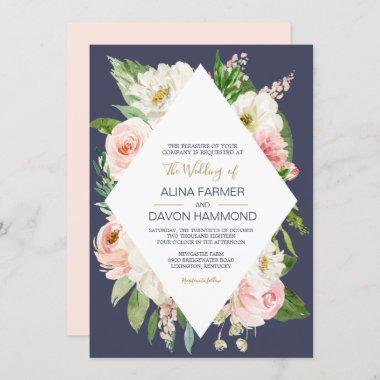 Blushing Rose Blush Pink White Navy Floral Wedding Invitations
