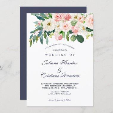 Blushing Rose Navy Pink Blush White Floral Wedding Invitations