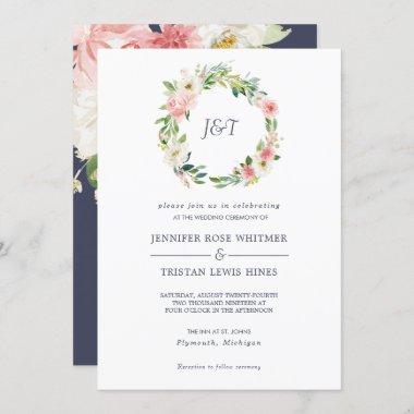 Blushing Rose Pink & White Wreath Monogram Wedding Invitations