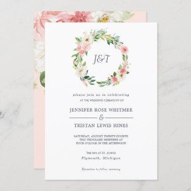 Blushing Rose Pink & White Wreath Monogram Wedding Invitations