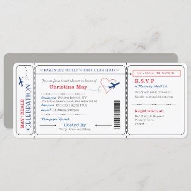 Boarding Pass Ticket Bridal Shower Invite Red Blue
