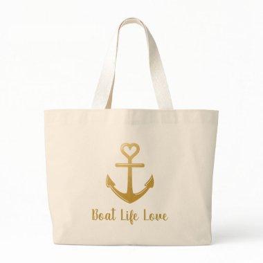 Boater Life Gold Anchor Love Heart Large Tote Bag