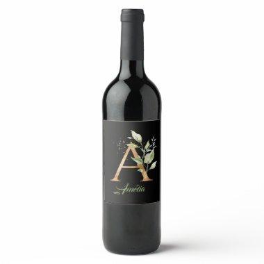 Bohemian A monogram green and gold glitter foil Wine Label