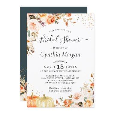 Bohemian Autumn Gold Floral Fall Bridal Shower Invitations