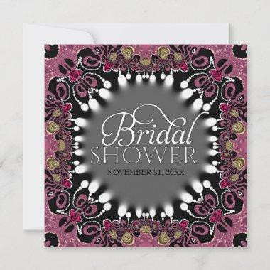 Bohemian Batik Pink Black Bridal Shower Party Invitations