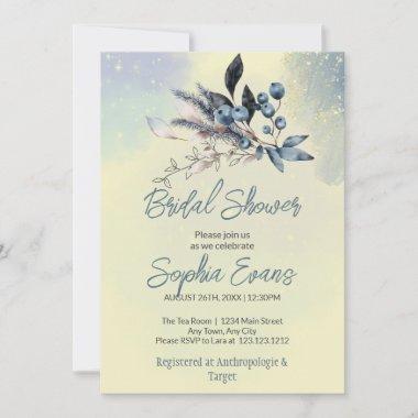 Bohemian Blueberries & Greenery Blue Bridal Shower Invitations