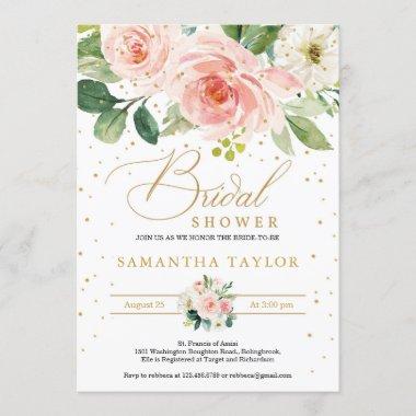 Bohemian boho blush pink floral and gold bridal Invitations