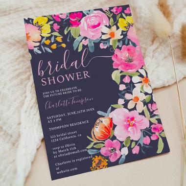 Bohemian bold floral watercolor navy bridal shower Invitations