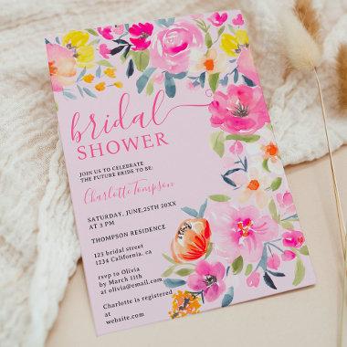 Bohemian bold floral watercolor pink bridal shower Invitations