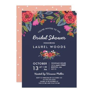 Bohemian Bouquet - Navy Blue Bridal Shower Invitations